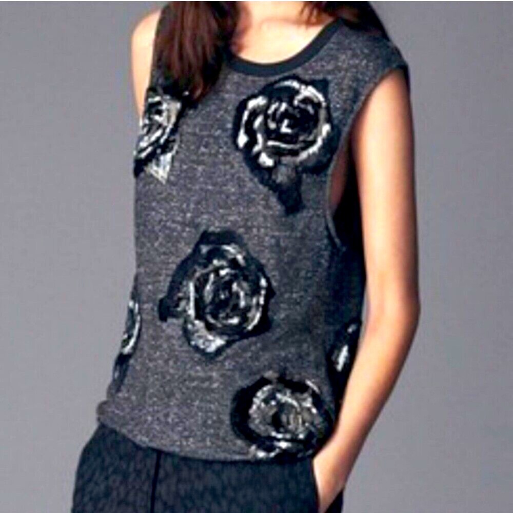 AllSaints Sleeveless Hand Embellished Beaded Rose Sweater Scratch Gray Vest Tank